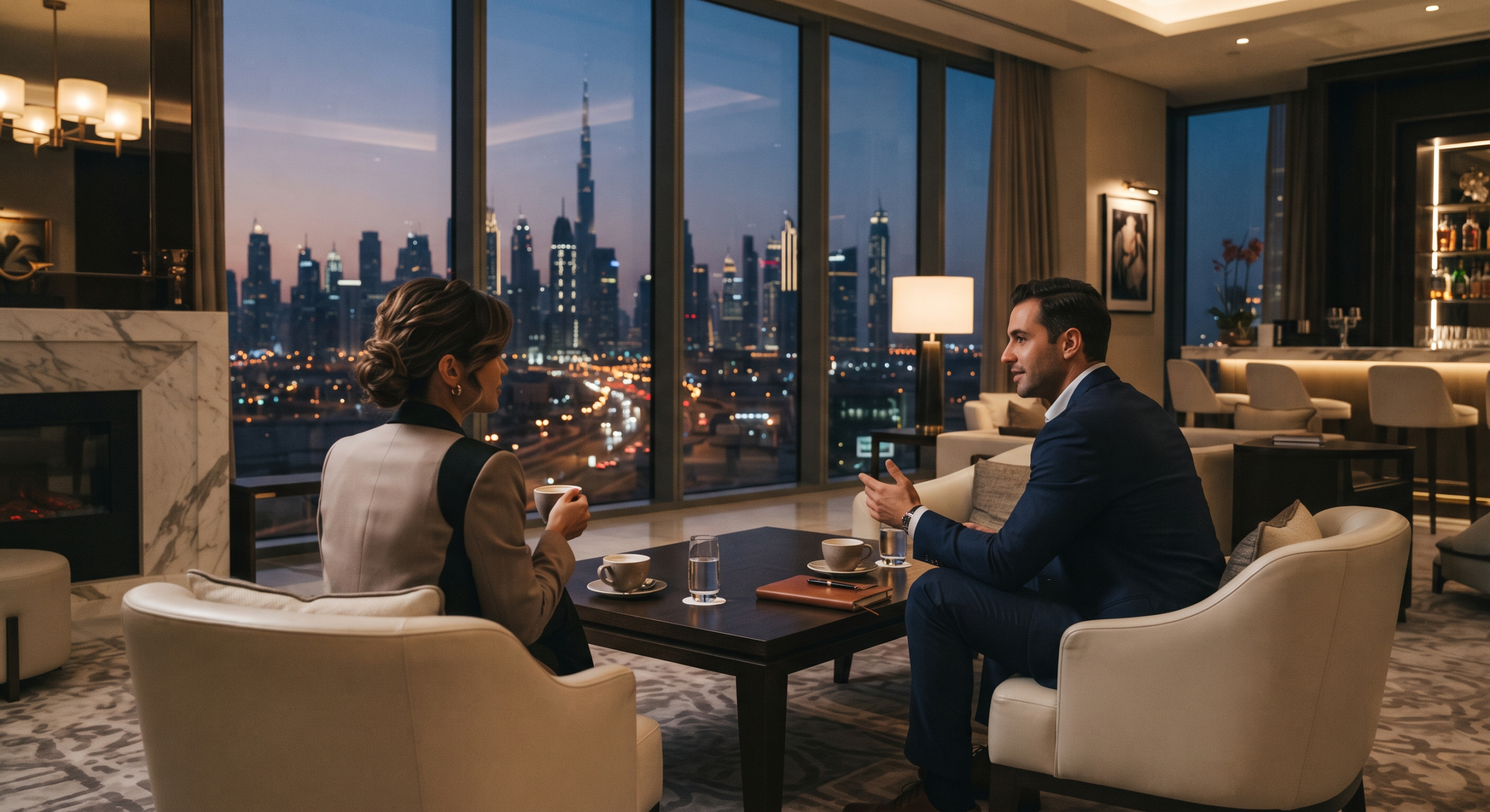 A client and a property advisor talking in a Dubai penthouse lounge