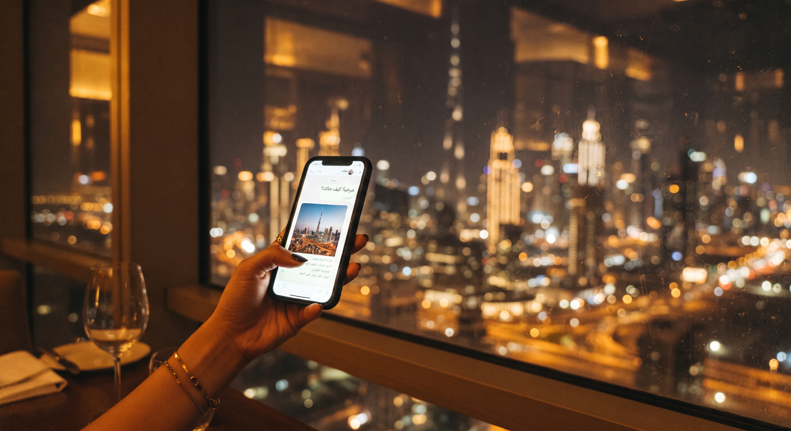 Smartphone in hand with the Dubai skyline at night