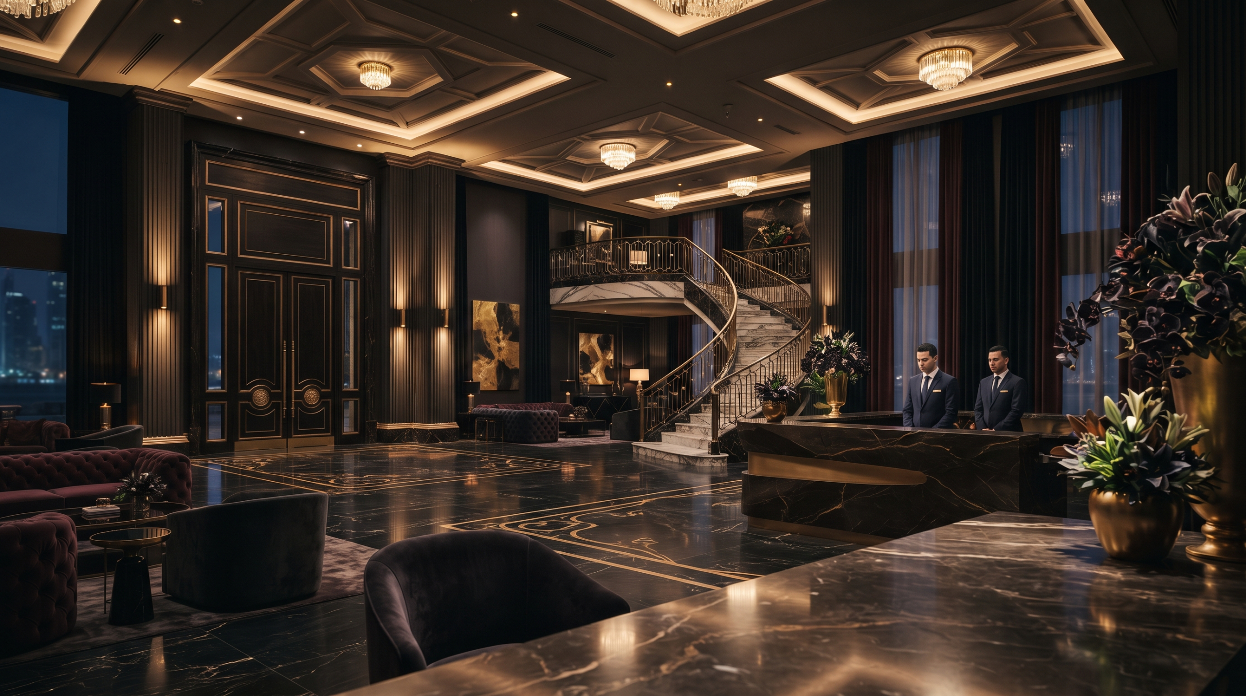 Lobby of a luxury branded residence in Dubai with marble floors and gold detailing