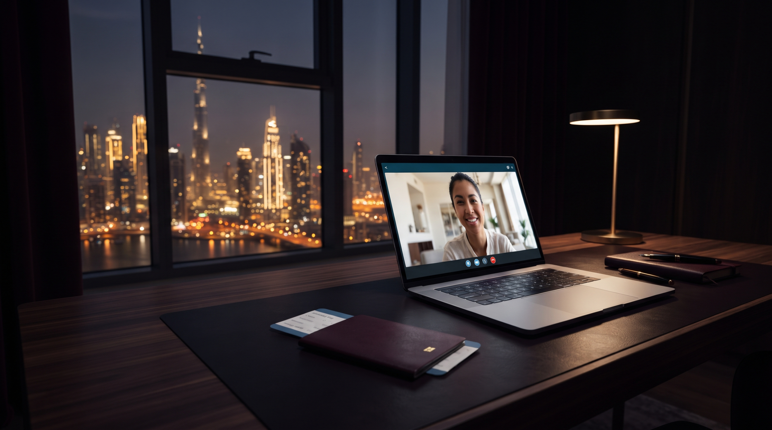 Laptop video call with a passport and boarding pass, Dubai skyline at night