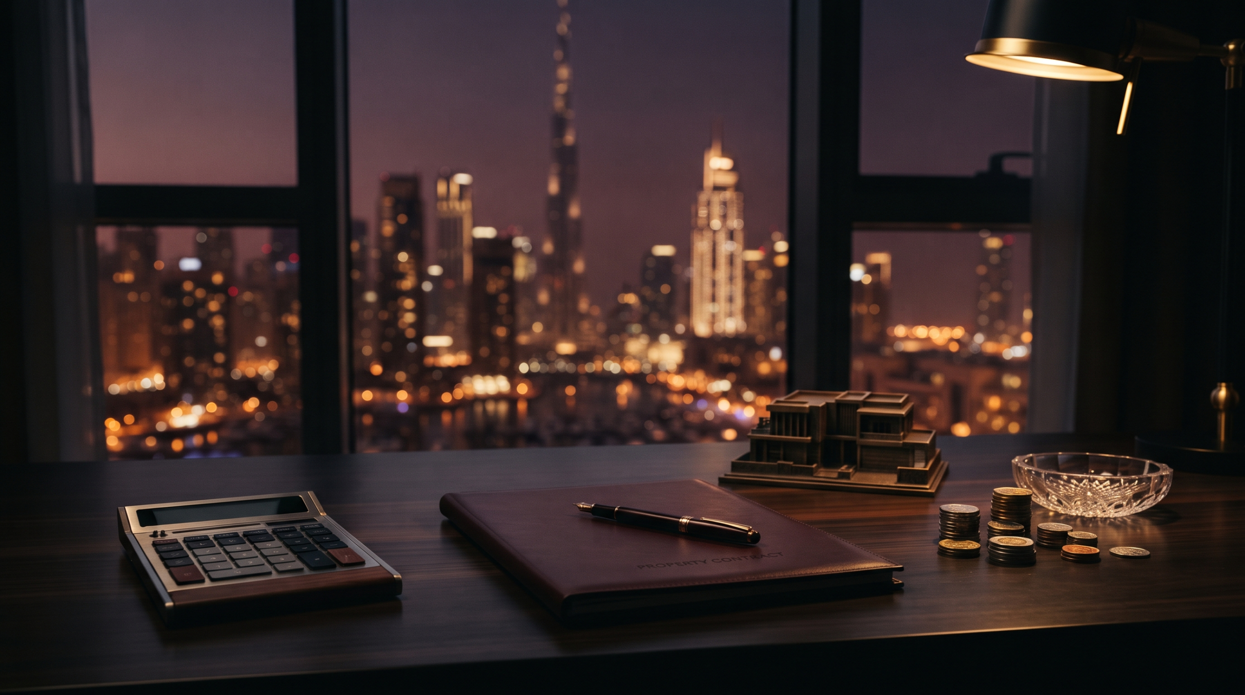 Calculator, pen and property contract with a small model house on a desk