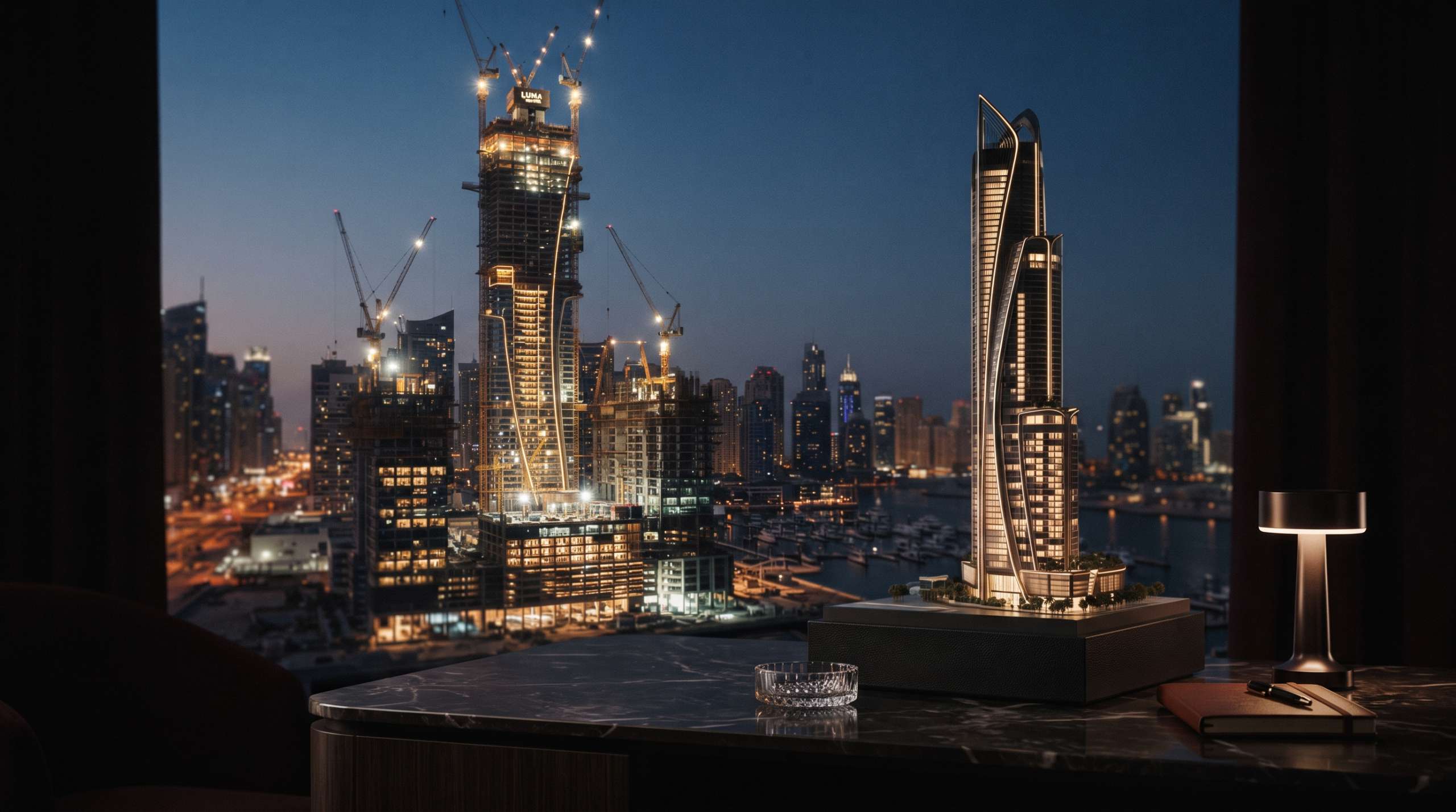 Luxury Dubai tower under construction at dusk beside an architectural model of the finished tower