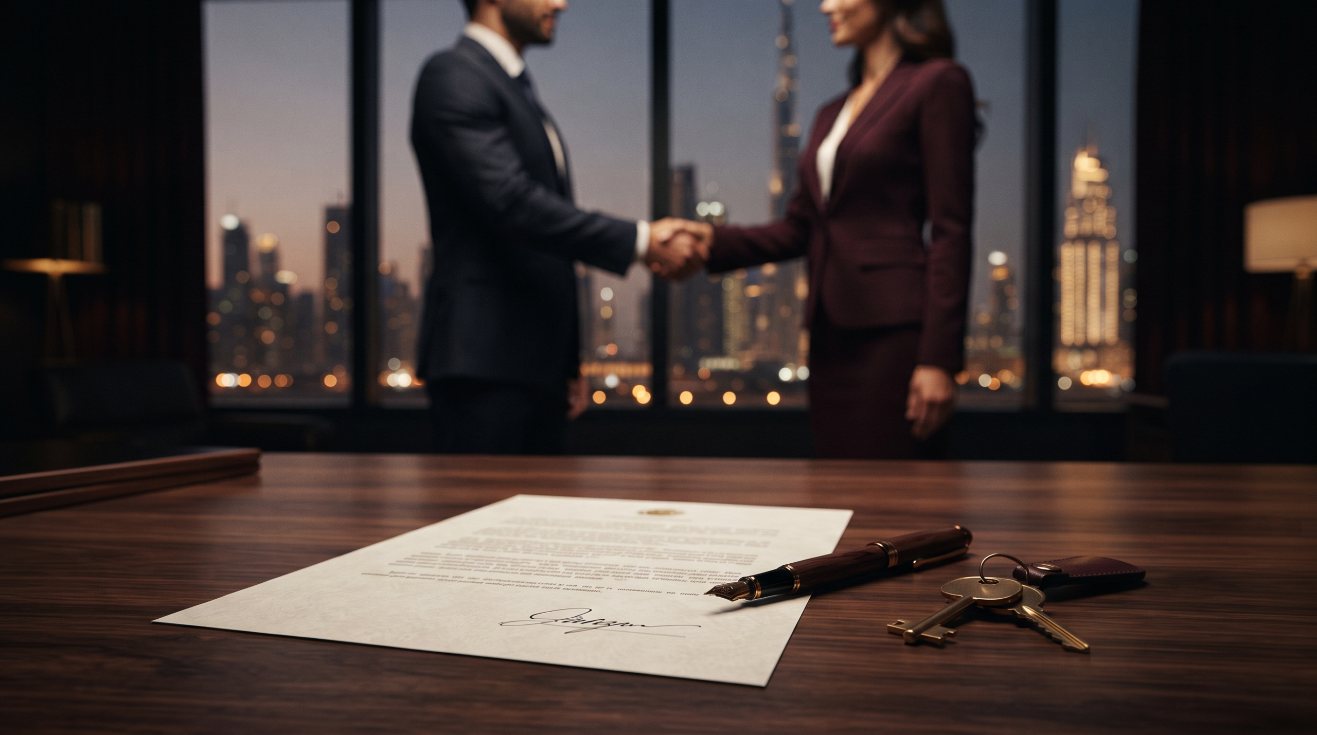 Title deed, pen and keys on a wooden desk