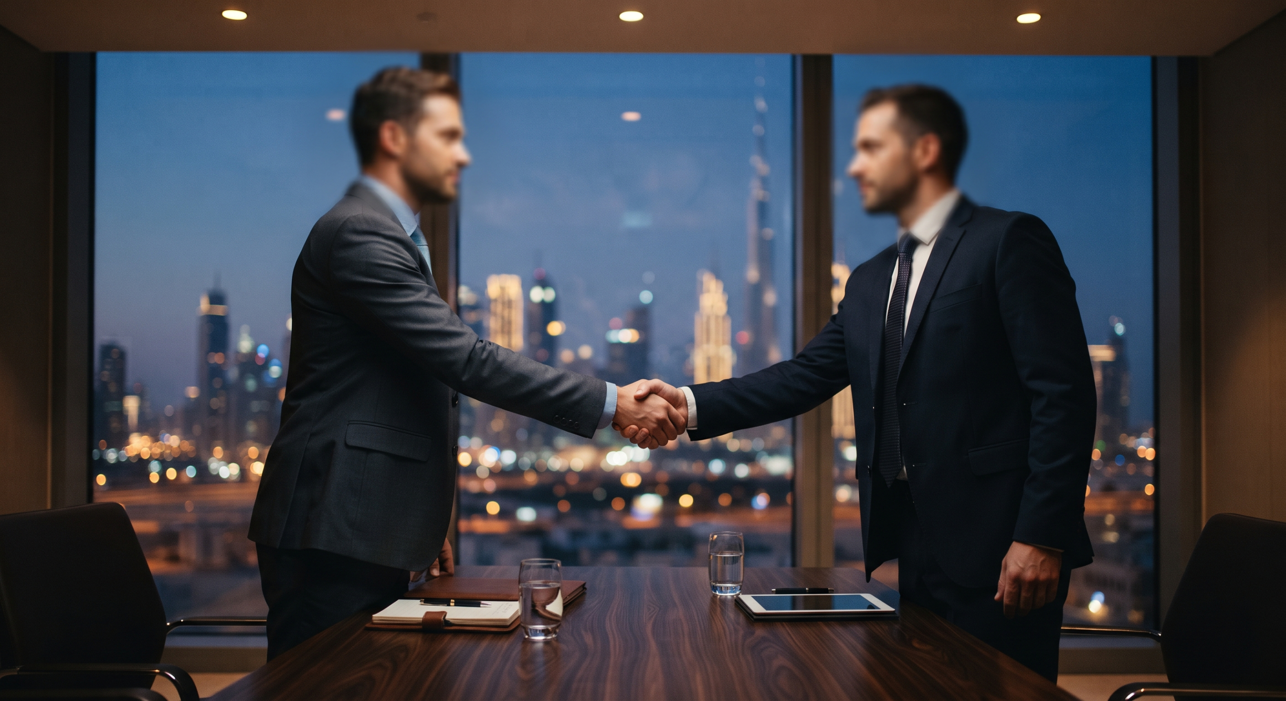 Two professionals shaking hands after agreeing a property deal