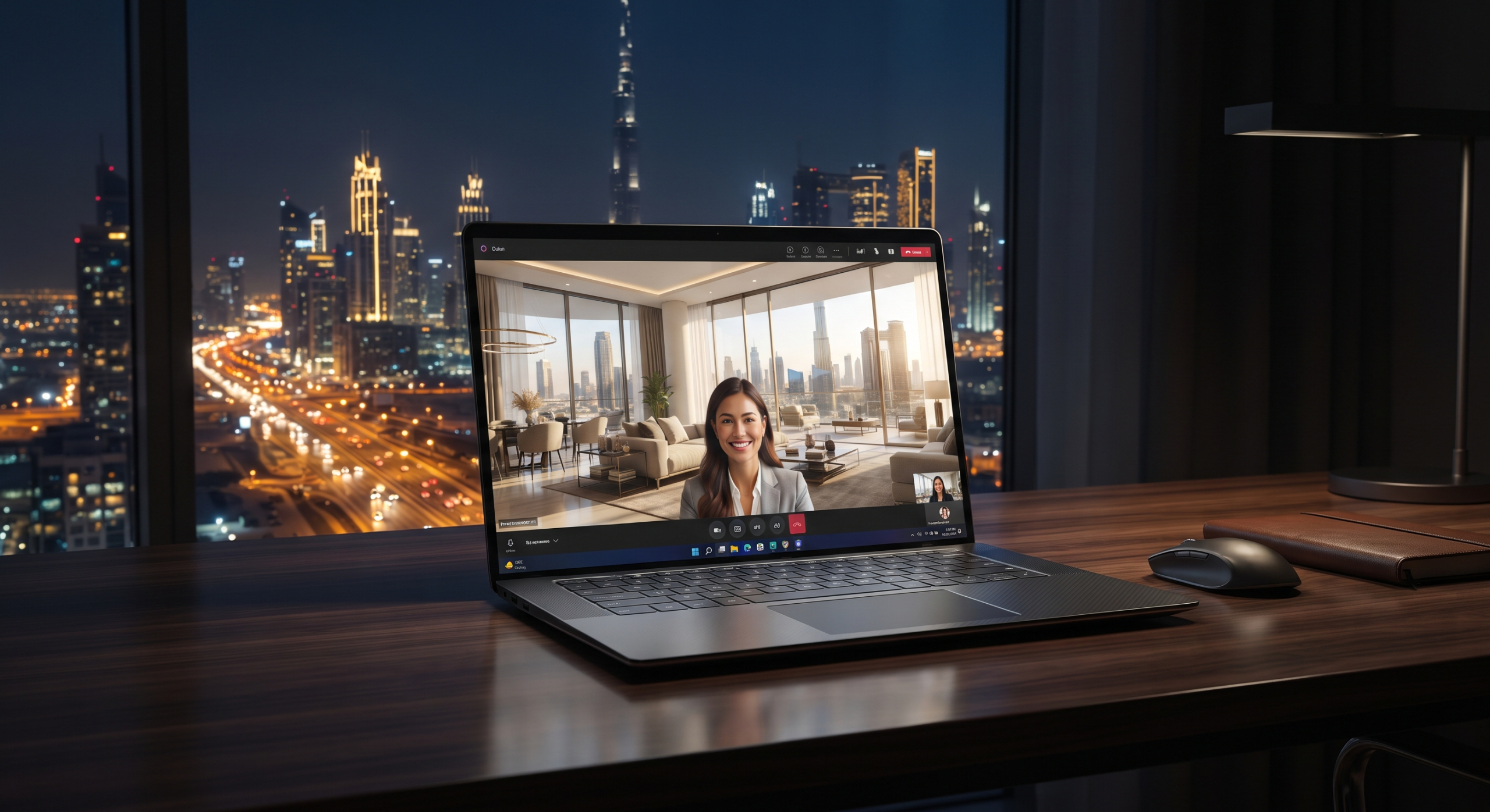 Laptop showing an online video tour of a luxury apartment