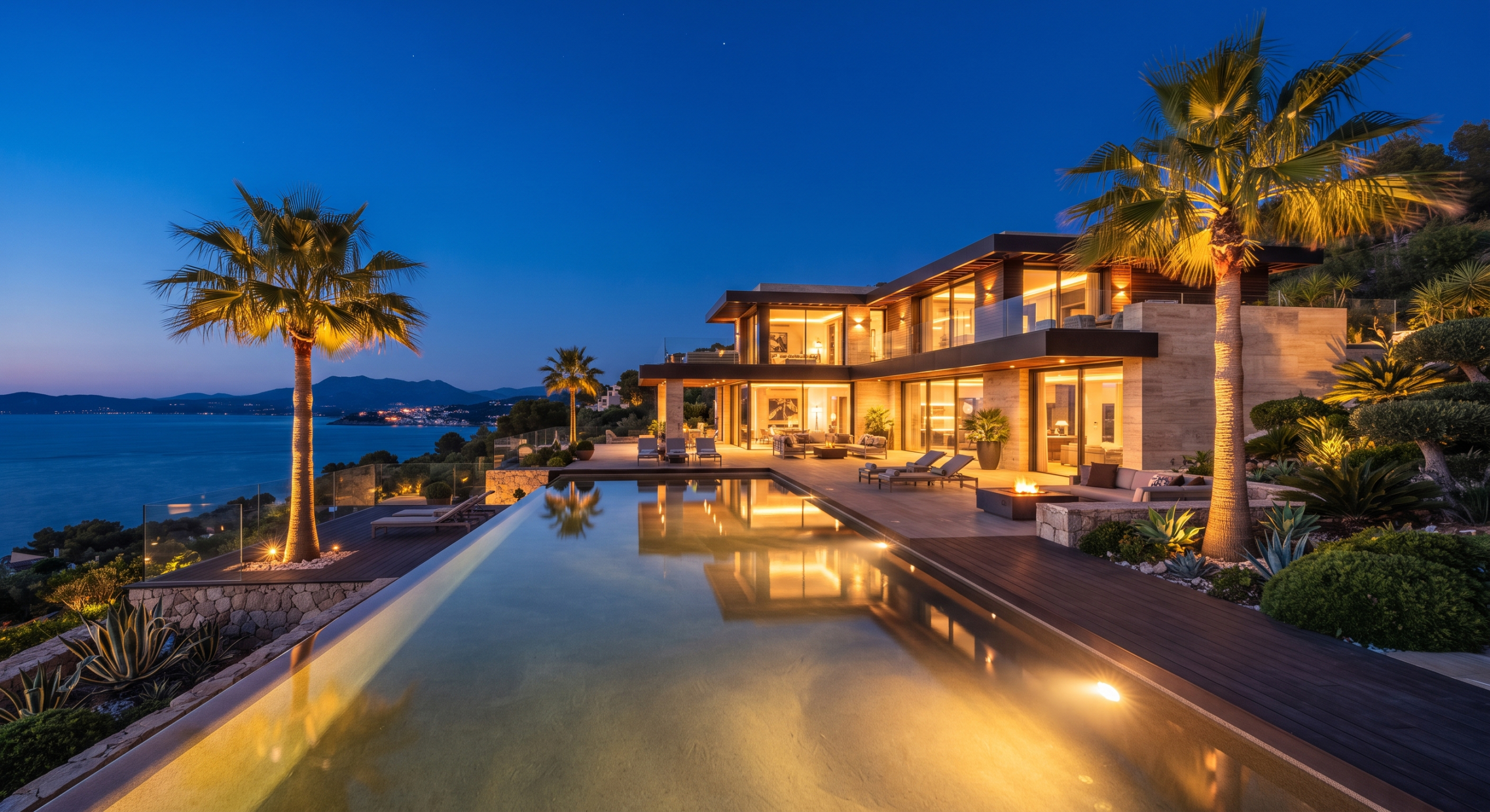 Luxury villa with a pool at golden hour