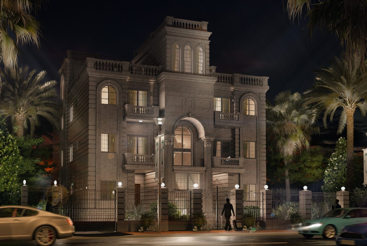 Uptown Residence building at night, Uptown October, Egypt