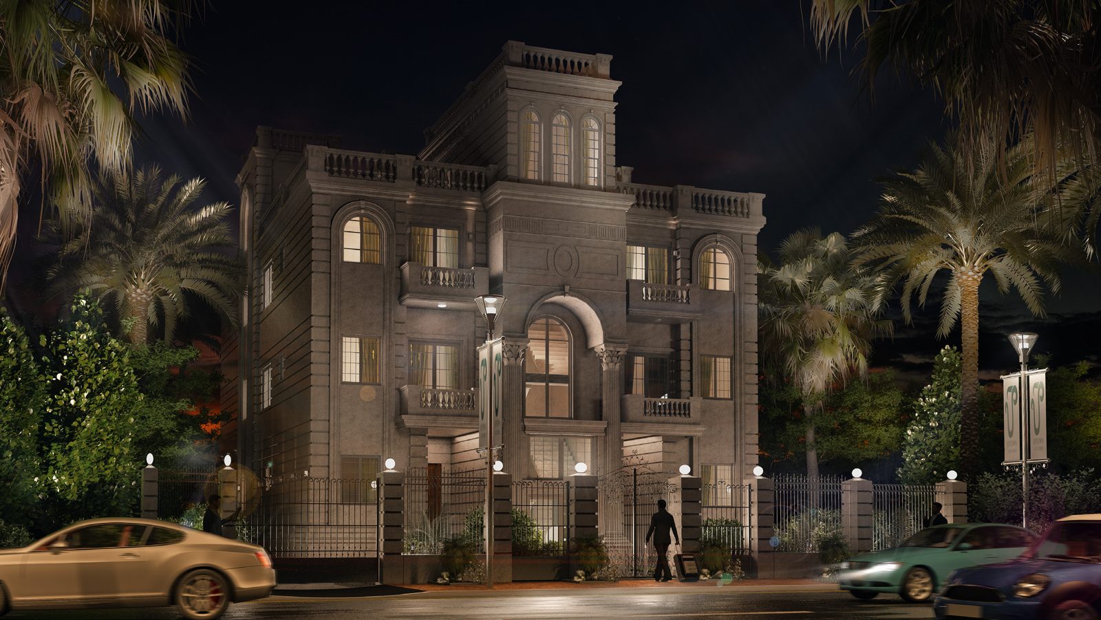 Uptown Residence building at night, Uptown October, Egypt
