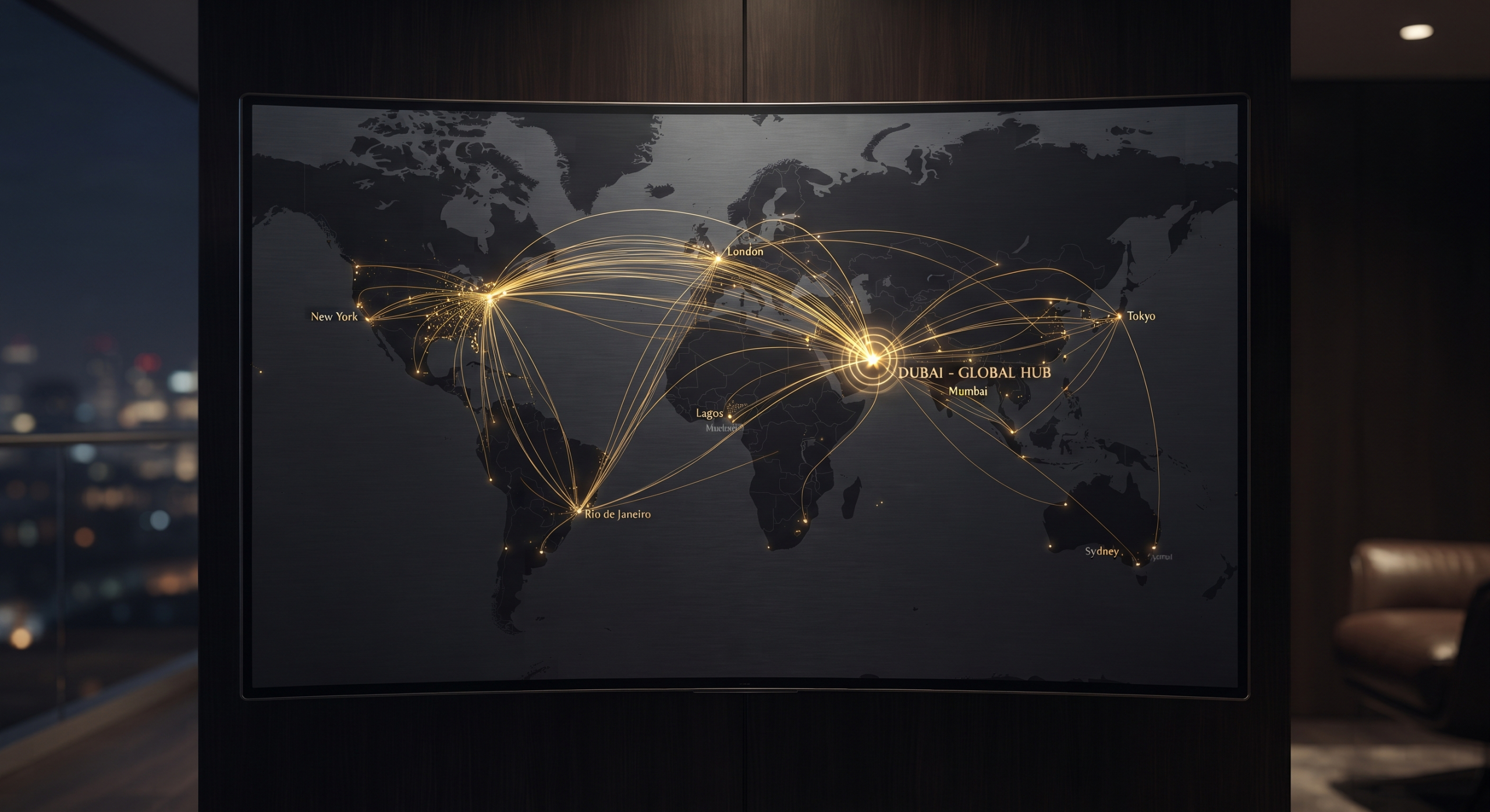 World map with connections converging on Dubai